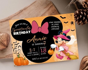 May include: A Halloween-themed birthday invitation featuring a cartoon Minnie Mouse dressed as a witch. The invitation is orange and black with a spider web design. The text on the invitation reads "Join us for a Spooktacular Birthday, Annie is turning 7, Saturday, October 18, 16385 Main St, Dallas TX 33100, RSVP at 800.000.000, Come dressed in your favorite costume!"