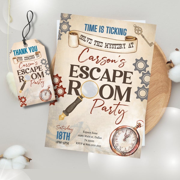 Editable Escape Room Birthday party invitation template, Mystery party any age birthday party invite, Secret spy escape party room invite