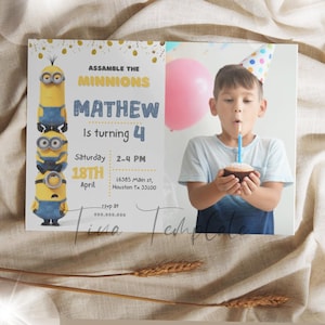 Afdrukbare en bewerkbare mini-verjaardagsuitnodiging voor kind met fotosjabloon, uitnodiging voor verjaardagsfeestje jongen, peuterverjaardagsfeestje voor elke leeftijd