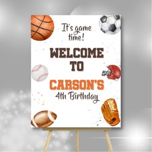 Editable and printable Sport Birthday party Welcome sign template, It&#39;s game time kid birthday welcome poster, All Start Sports birthday