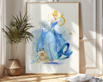 Cinderella princess Printable art Princess Nursery Decor, Watercolor Disney Princess Room Decor, Cinderella Nursery Decoration Wall art