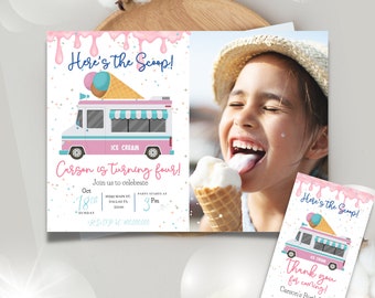 May include: Pink and blue ice cream truck birthday party invitation with a photo of a girl eating ice cream. The invitation says "Here's the Scoop! Carson is turning four!" and includes the date, time, and location of the party.