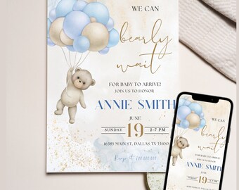 modèle modifiable d'invitation de douche de bébé de ballon d'air d'ours de nounours, invitation de douche de bébé d'ours de nounours bleu de garçon, invitation de douche de We can Bearly Wait