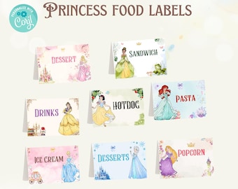 May include: Princess-themed food labels with illustrations of princesses and food names like "Dessert," "Sandwich," and "Hotdog." The labels are decorated with floral and castle graphics, perfect for a princess-themed party.