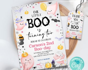 Editable and Printable Our Little Boo Birthday Invitation, Little Boo turning Two Halloween party, Ghost Birthday Cute Ghost Corjl template