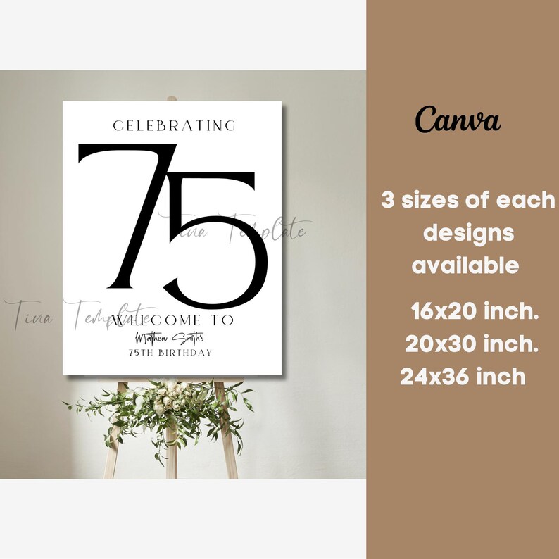 Editable and Printable 75th Elegant Birthday Welcome Sign Template ...