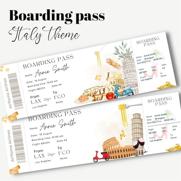 Bearbeitbare Italien Reise Bordkarte Vorlage, druckbares Flugticket, Canva Bordkarte Überraschungsreise, digitaler Download DIY Bordkarte