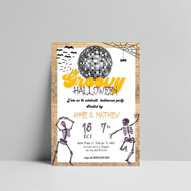 May include: A Halloween party invitation with a gold mosaic border. The invitation features a disco ball, bats, and skeletons. Text reads "Groovy Halloween" and includes party details: date, time, location, and RSVP information.