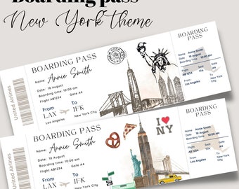 Biglietto d'imbarco a sorpresa di New York stampabile e modificabile, biglietto di viaggio per New York City, biglietto per le vacanze, modello di carta d'imbarco JFK