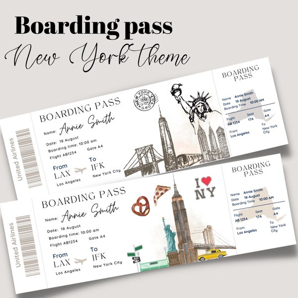 Druckbares und bearbeitbares New York Surprise Bordkartenticket, Reiseticket nach New York City, Urlaubsticket, JFK Bordkartenvorlage