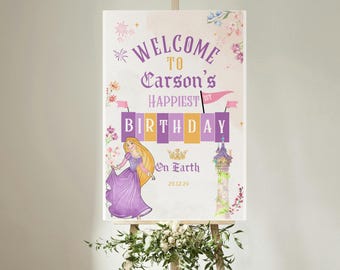Plantilla editable de letrero de bienvenida para cumpleaños de princesas enredadas, póster de cumpleaños de niñas princesas de cualquier edad, letrero de cumpleaños con temática de princesas enredadas