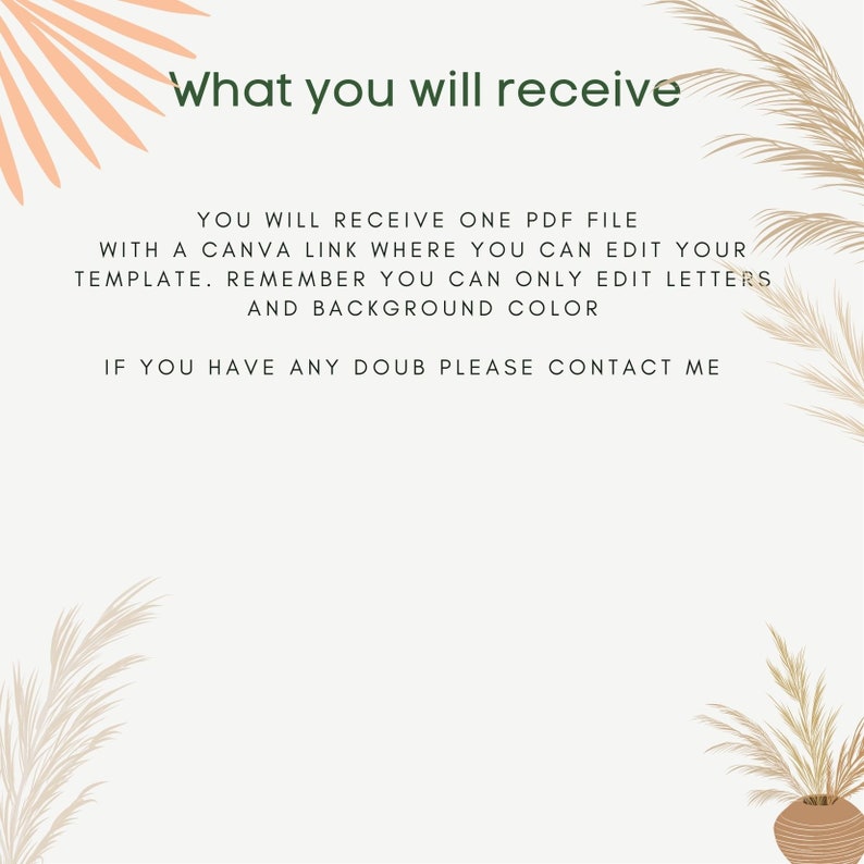 May include: A digital product description on a cream background with text in green. The text reads "What you will receive" and details about a PDF file and Canva link for template editing. Decorative floral elements are in the corners.