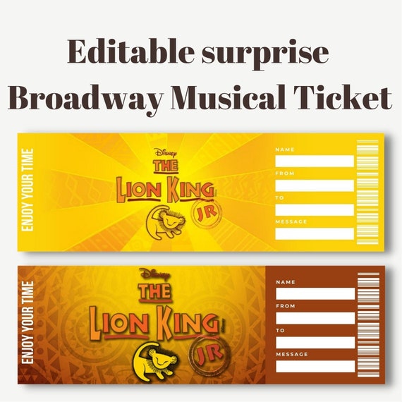 Printable Lion King Jr Surprise Ticket Editable Broadway Etsy