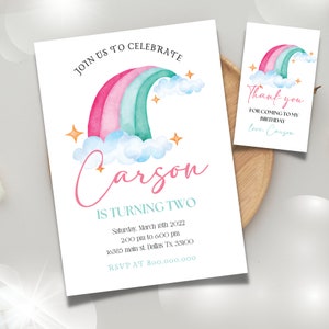 Editable and Printable Rainbow birthday invitation template, Rainbow girl birthday party, Rainbow birthday, Rainbow invitation, thank you