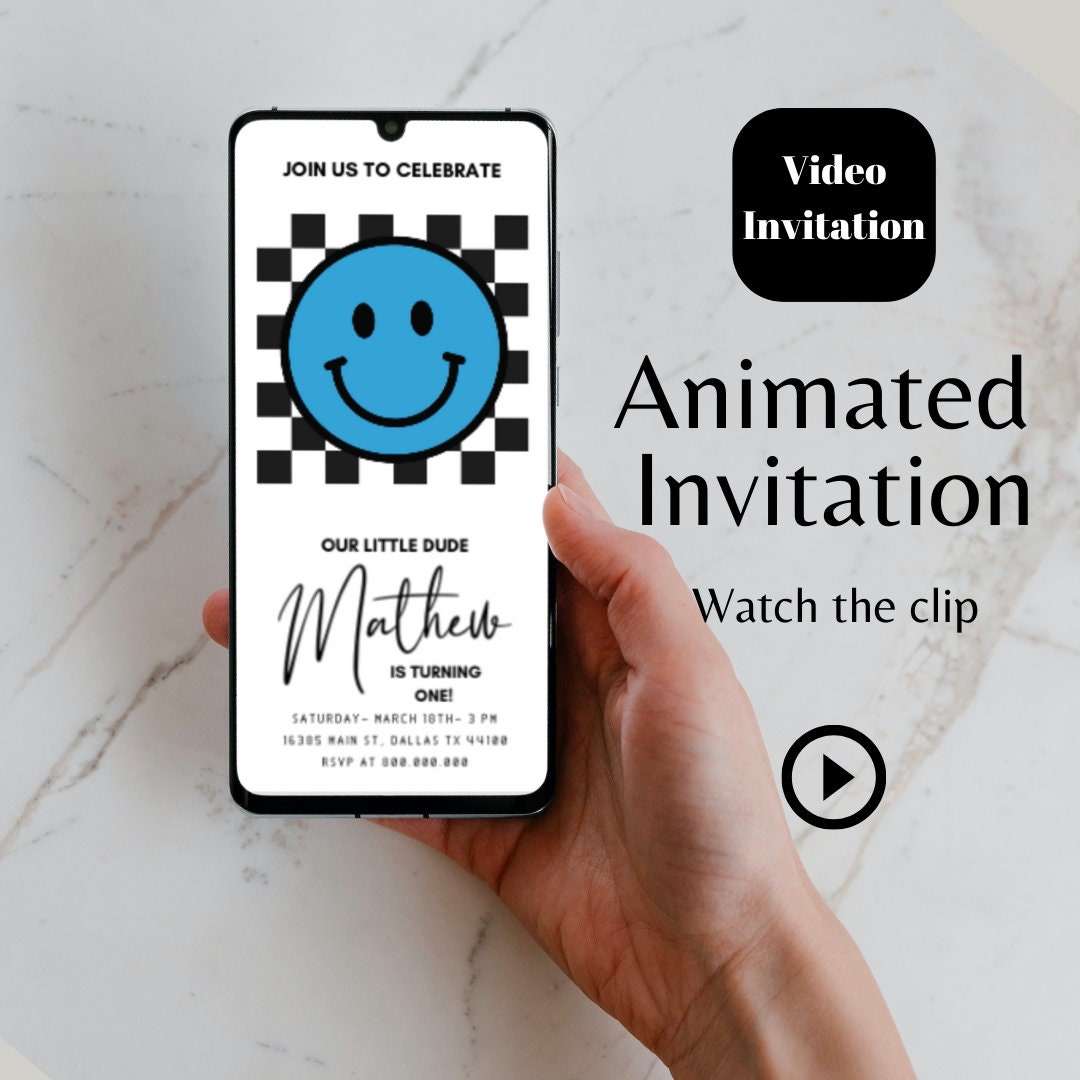 editable and electronic One Happy dude Animated invitation, Happy Face Blue video invitation, Phone invitation template, Happy kid invite
