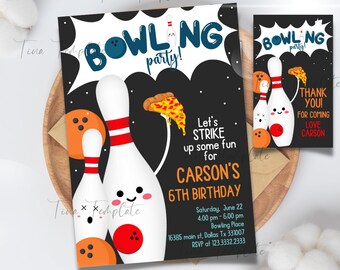 editable and printable Bowling Birthday Invitation, Bowling and Pizza Party invitation, Strike Up Some Fun Boy Bowling Party, Thank you tag