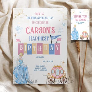 Cinderella birthday editable invitation template, Any age Cinderella Girl birthday Party invite, Cinderella party supplies, thank you tag