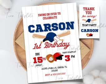 May include: Baseball-themed first birthday party invitation with a red, white, and blue color scheme. The invitation features a baseball player, bats, and a baseball. The text on the invitation reads "Swing on over to celebrate Carson 1st Birthday".