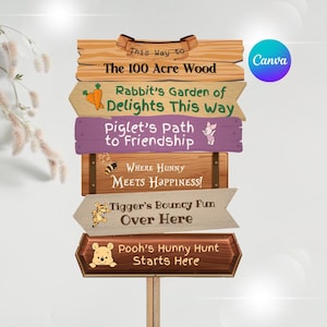 Printable & Editable Winnie the Pooh Party Directional Sign template, Winnie the Pooh Sign party decoration, Hundred Acre Wood Birthday