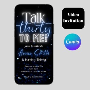 Electronic 30th Birthday video invitation template, Blue Glitter video 30th invitation for her, talk thirty to me neon light birthday invite