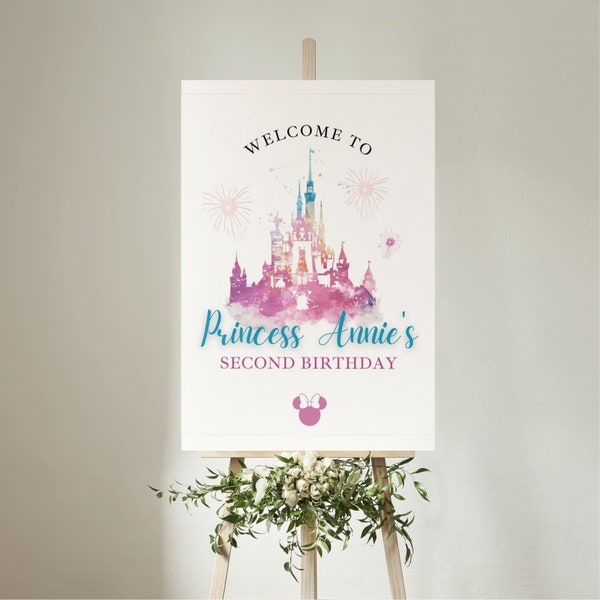 Magical birthday kingdom girl welcome sign template, any age Cinderella’s Castle Birthday welcome poster, editable Kid  princess Birthday