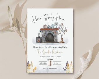 May include: A Halloween-themed housewarming party invitation with a watercolor illustration of a fireplace decorated with pumpkins, skulls, and other spooky elements. The text reads "Home Spooky Home", "The Smith's Residence", "16385 Main St, Dallas Tx 33100", "October 18, 7 pm", and "RSVP at 800000000".