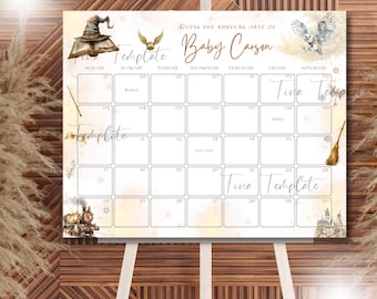 May include: A white printable calendar with a Harry Potter theme. The calendar has a gold and white color scheme and features illustrations of a witch's hat, a golden snitch, and an owl. The text "Guess the arrival date of Baby Carson" is at the top of the calendar.