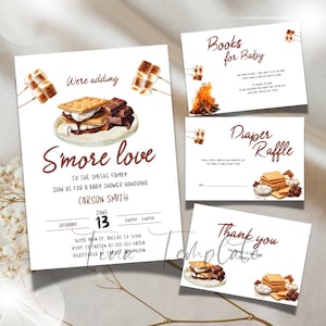 Editable S&#39;more Love Baby Shower Bundle Invitation Template, watercolor Smores Gender Neutral Baby Shower Invitation, Camping Baby Shower