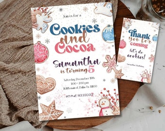 May include: A festive invitation for a Cookies and Cocoa party for Samantha's 5th birthday. The invitation features a watercolor illustration of gingerbread cookies, snowflakes, and a snowman. The text reads "Join us for a Cookies and Cocoa Samantha is turning 5 Saturday December 18th 3:00-7:00 pm 16385 main st. Dallas Tx 33100 RSVP at 500.000.0000".