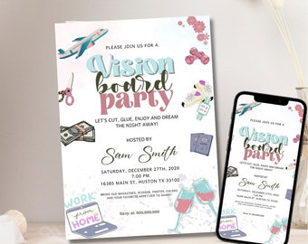 May include: A colourful invitation to a vision board party. The invitation features a plane, scissors, money, a passport, wine glasses, a dumbbell, trainers, and a laptop with the words "work from home". The text on the invitation reads "Please join us for a vision board party. Let's cut, glue, enjoy and dream the night away! Hosted by Sam Smith. Saturday, December 27th, 2020. 7:00 PM. 16385 Main St, Huston TX 33100. Bring old magazines, scissors, photos, colours and your favourite appetiser to share! Rsvp at 800.000.000"