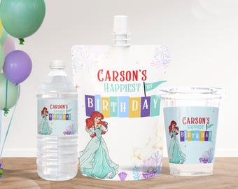 Plantilla de etiqueta editable para recuerdo de fiesta de cumpleaños de La Sirenita, etiqueta para botella de agua de sirena bajo el mar, etiqueta de jugo de sirena, suministros para fiestas