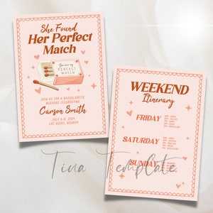 Editable and printable Perfect Match Bachelorette weekend Invitation, She Found Her Perfect Match Bachelorette party, Match Made In Heaven