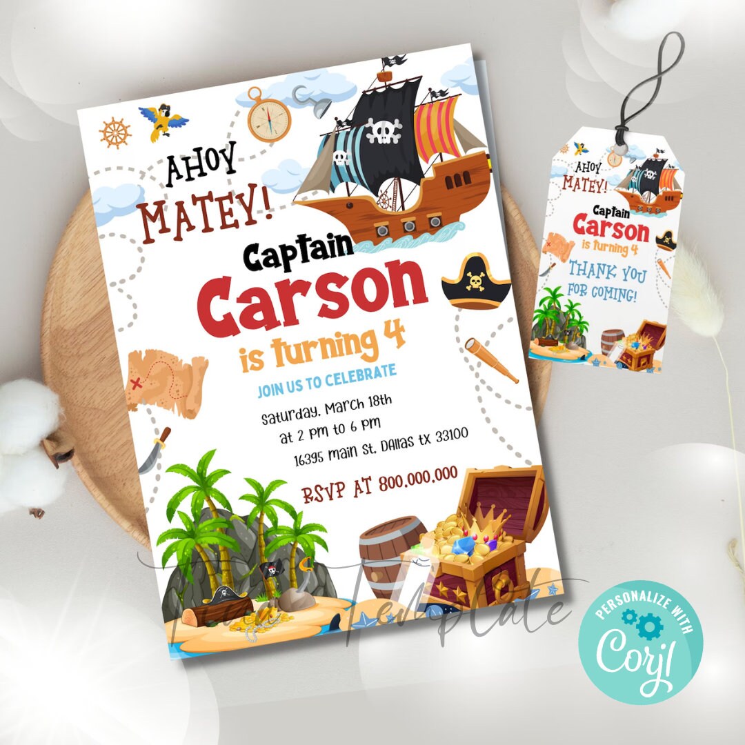Editable and Printable Pirate Birthday Invitation Template, Pirate ...