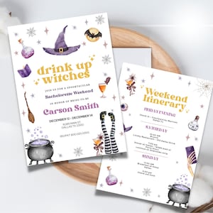 Editable and printable Halloween Bachelorette Invitation & Itinerary Template, Drink Up Witches Party invite, Witch Halloween Bachelorette