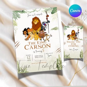 Invitation de fête d'anniversaire du Roi Lion modifiable et imprimable, Invitation Simba, modèle d'Invitation du Roi Lion, étiquette de remerciement