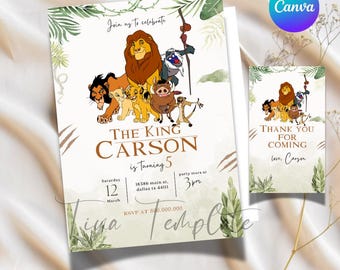 Editable and Printable Lion King Birthday party Invitation, Simba Invitation, King Lion Invitation template, thank you tag