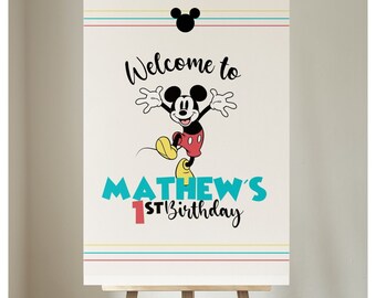 Editable and printable vintage Mouse any age birthday party welcome sign, Mouse boy birthday party, personalize birthday boy poster