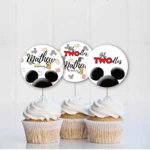 Editable and printable oh twodles Mickey head birthday Cupcakes Toppers, 2nd Mickey boy birthday, personalize birthday boy cupcakes tags