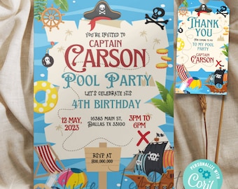 May include: A blue and white invitation for a pool party with a pirate theme. The invitation features a treasure map with a pirate ship, a skull and crossbones, and a life preserver. The text on the invitation reads "You're invited to Captain Carson's Pool Party. Let's celebrate his 4th birthday. 12 May, 2023, 16385 Main St, Dallas TX 33100, 3PM to 6PM. RSVP at 800,000,000."