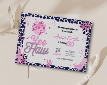 Modèle d'invitation d'anniversaire de Yee Haw Nashville modifiable et imprimable, anniversaire de fille de thème de fête de Disco Nashville, thème de cow boy de partie de fille