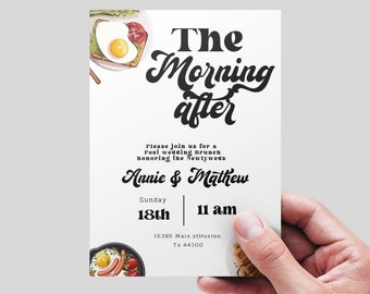 modello di invito per la colazione The Morning After modificabile e stampabile, annuncio del brunch nuziale, invito al brunch dal design moderno e retrò