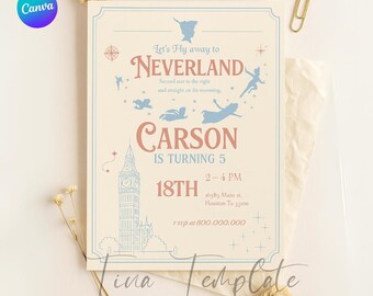 Printable Peter Pan party vintage invitation template, Peter Pan Neverland birthday party invite, Never grow up Birthday, Peter Pan party