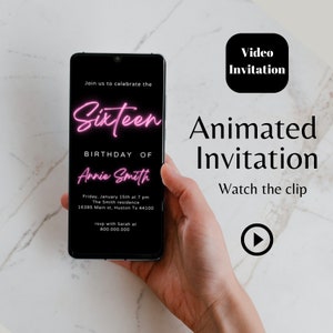 Editable & Mobile Sixteen Birthday Party video Invitation template, sweet sixteen neon pink animated girl Birthday invite, 16th birthday