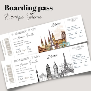 Billet de carte d'embarquement Europe Surprise imprimable et modifiable, billet de voyage vers l'Europe, billet de vacances, modèle modifiable, Boarding Pass EU