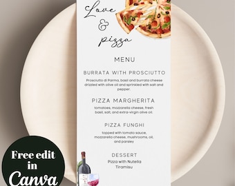 Editable and Printable love and pizza minimalist Menu, elegant pizza dinner menu template, Italian dinner, Pizza testing family reunion