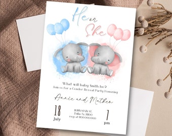 Editable Minimalist pink and blue elephant Gender Reveal invitation, printable bohemian gender reveal invite template, her or she