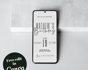 Mobile Elegant Men birthday invitation template, Phone minimalist Men Party Invite, Any age birthday Template, elegant Invite, e text