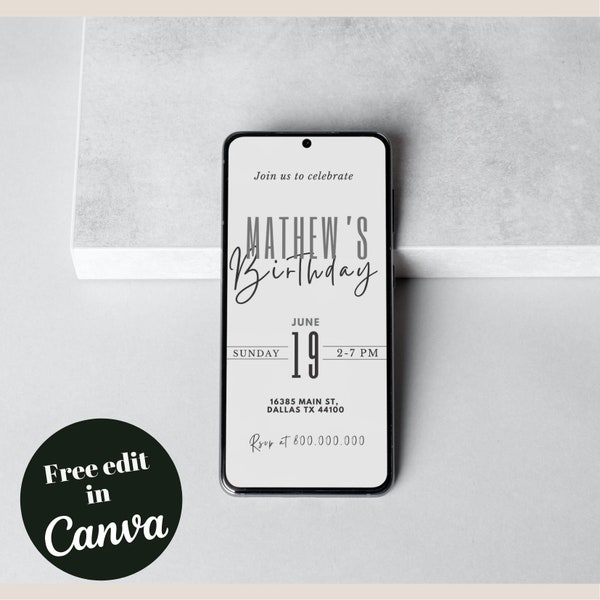 Mobile Elegant Men birthday invitation template, Phone minimalist Men Party Invite, Any age birthday Template, elegant Invite, e text