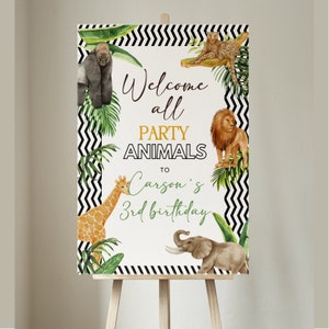 editable Modern Party Animals kid birthday welcome sign template, Safari Animal party Welcome Poster template, Jungle Welcome poster
