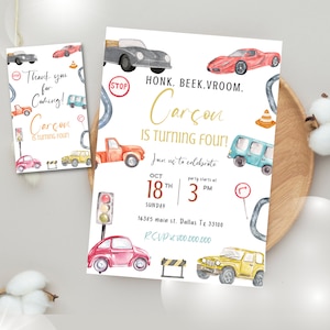 Editable and Printable Transportation birthday invitation template, Car kid birthday party invite, Cars boy birthday party, Cars thank you